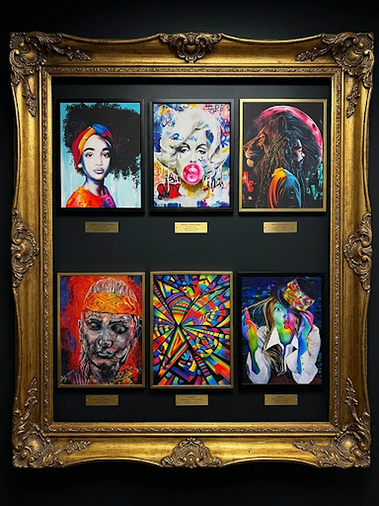 Six framed works hung inside an ornate gold frame on the gallery wall at Highbridge Art Gallery